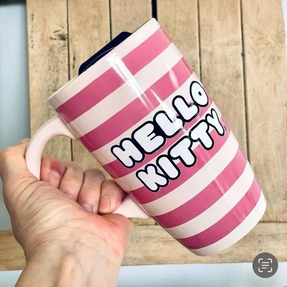 NWT Gorgeous Hello Kitty Pink Striped Glossy Ceramic Tall Travel Mug with lid - Picture 4 of 16